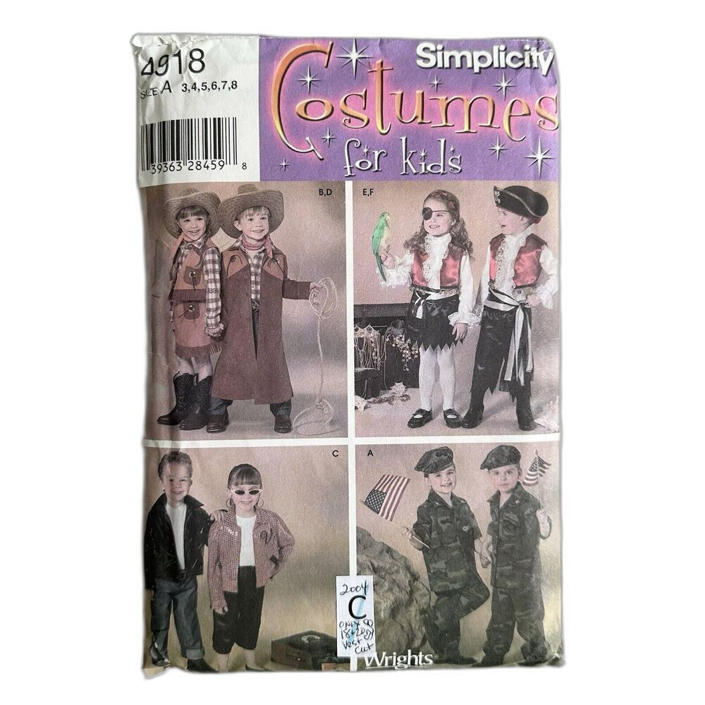 Simplicity 4918 Halloween Costume Pattern Kid Pirate Cowboy 50's Army Size 3-8